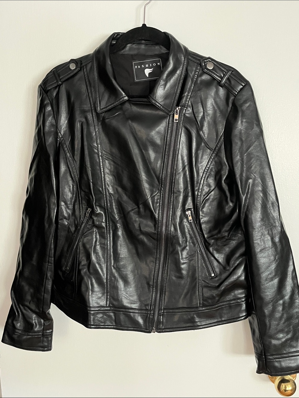 Black Faux Leather Asymmetrical Moto Jacket - Women's